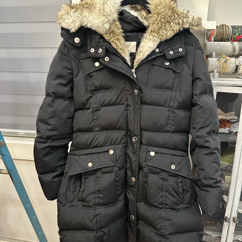 Laundry By Shelli Segal Black Puffer Coat with Faux Fur Hood